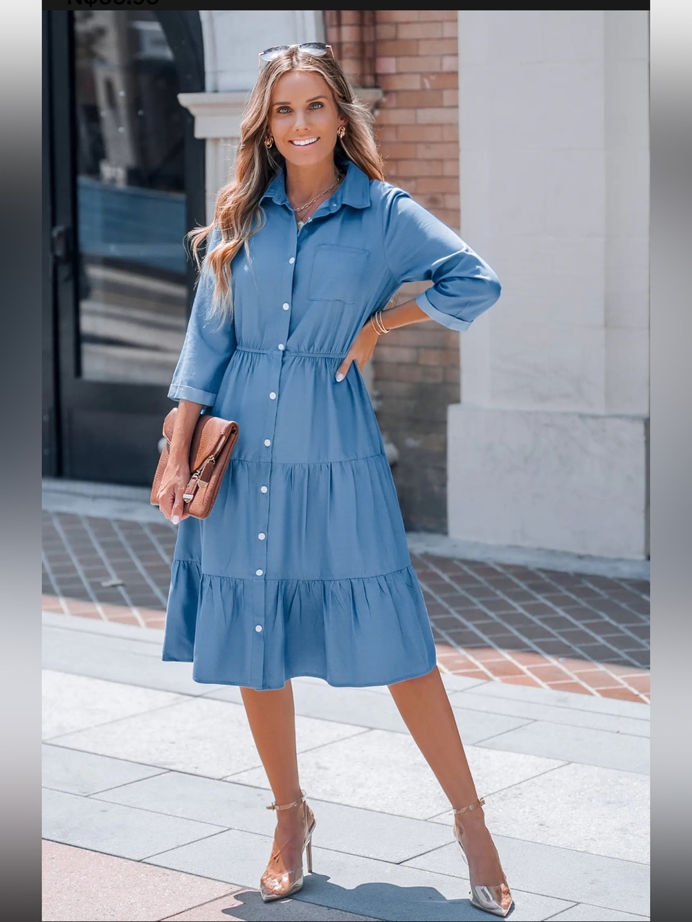 CUPSHE Blue Collared Front Button Half Sleeve Midi Dress - L